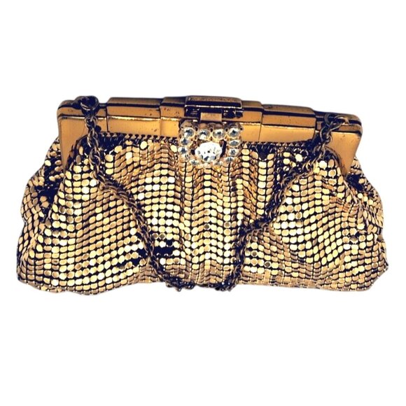 Whiting & Davis Vintage Bag Gold Mesh Evening Handbag With Rhinestone Clasp & Ch - Picture 4 of 10